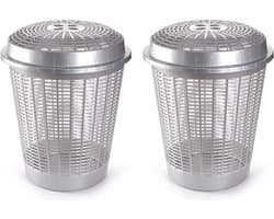 Plasticforte Wasmand met deksel - 2x stuks - 50 liter - zilverkleurig - rond - D45 x H57 cm - opbergmand
