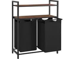Furnstar Wasmand 92L – 2 Compartimenten – Met 2 Planken – Uitschuifbare Waszakken – Stevig Metalen Frame – Vintage Bruin/Zwart