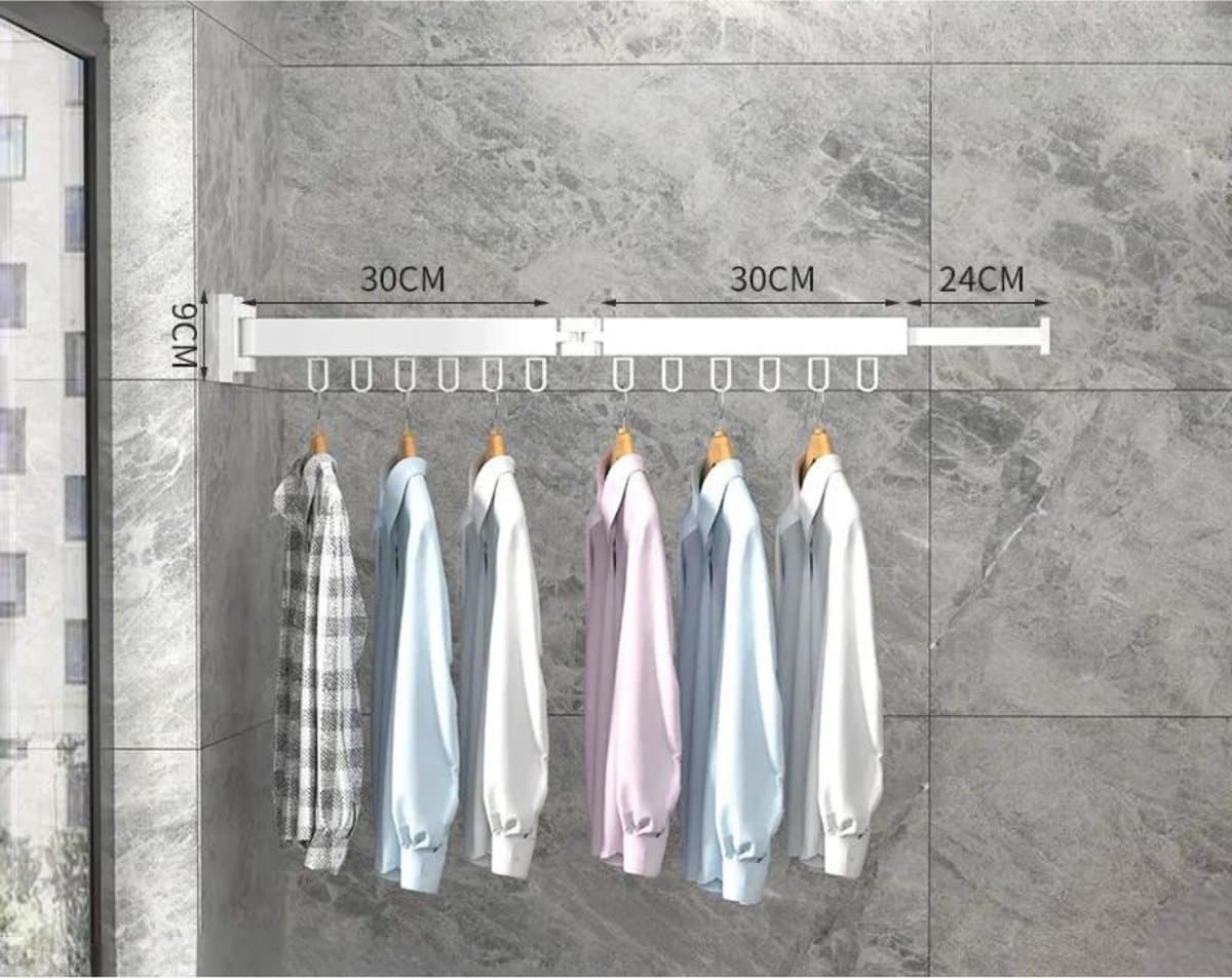 Wanddroogrek Inklapbaar 12 Haken - Droogrek Muur Wandmontage Ophangbaar - Clothes Rack Uitschuifbaar + Montage Kit - Wit — afbeelding 1