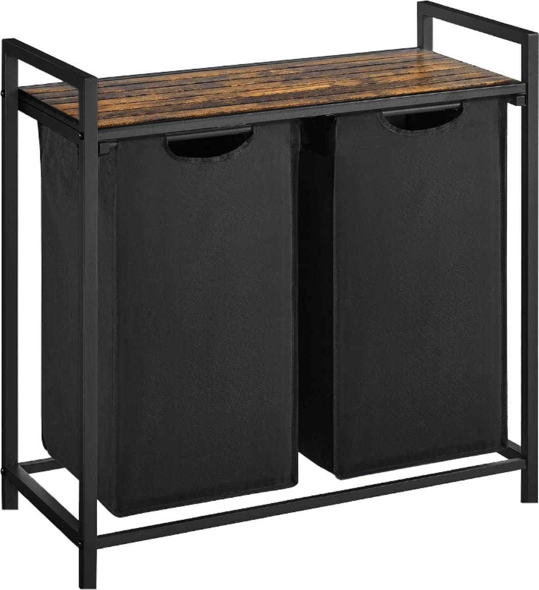 BRASQ Wasmand 2 vakken - Wassorteerder 76 Liter - Uitschuifbaar met Plank 73x33x71 cm - Wasbox Zwart Metaal - Bruin hout - Basket — afbeelding 1