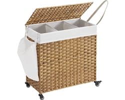 Wasmand 3 vakken - Wasmand - Wasmand met deksel - Riet - Duurzaam - 140L