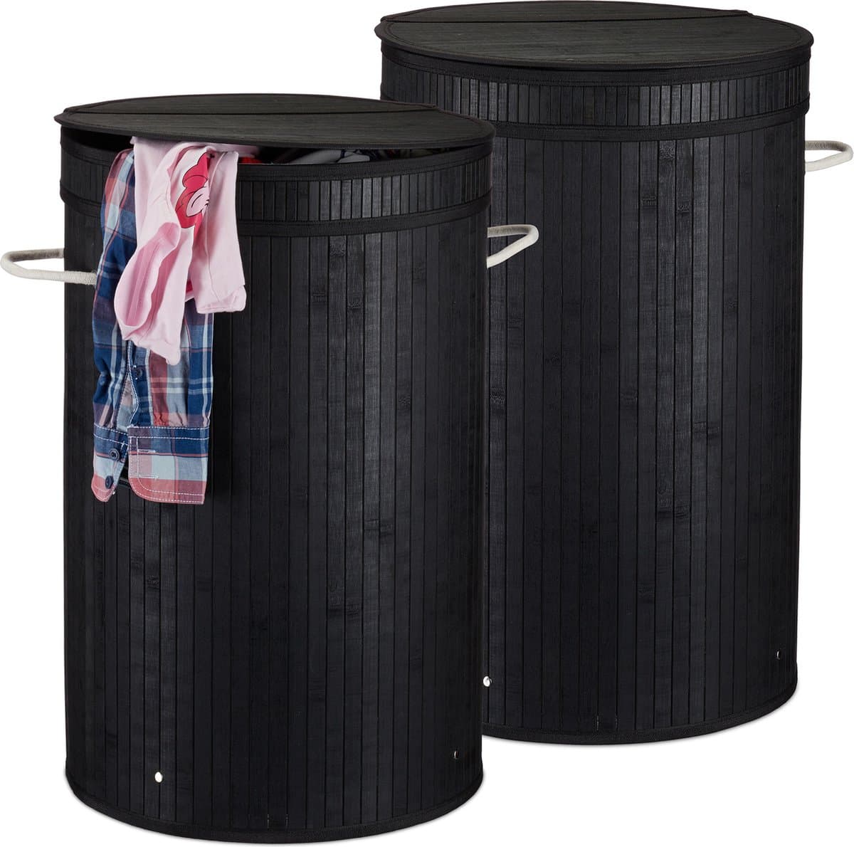 2x wasmand bamboe - ronde wasbox met deksel - 63 x 40 cm - 65 liter - zwart — afbeelding 1