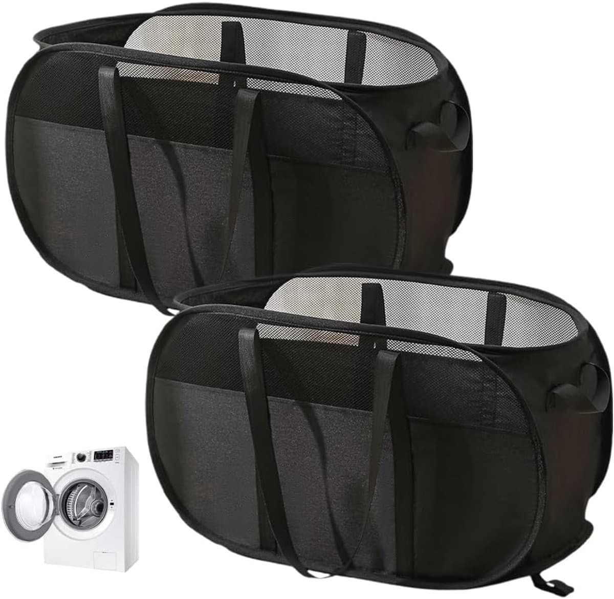2 stuks Opvouwbare wasmand, opvouwbare wasmand, waszak, wasmand voor vuile was met handvat voor badkamer, slaapkamer, wasruimte, kinderkamer, reizen, Zwart 58 x 36 x 36 cm — afbeelding 1