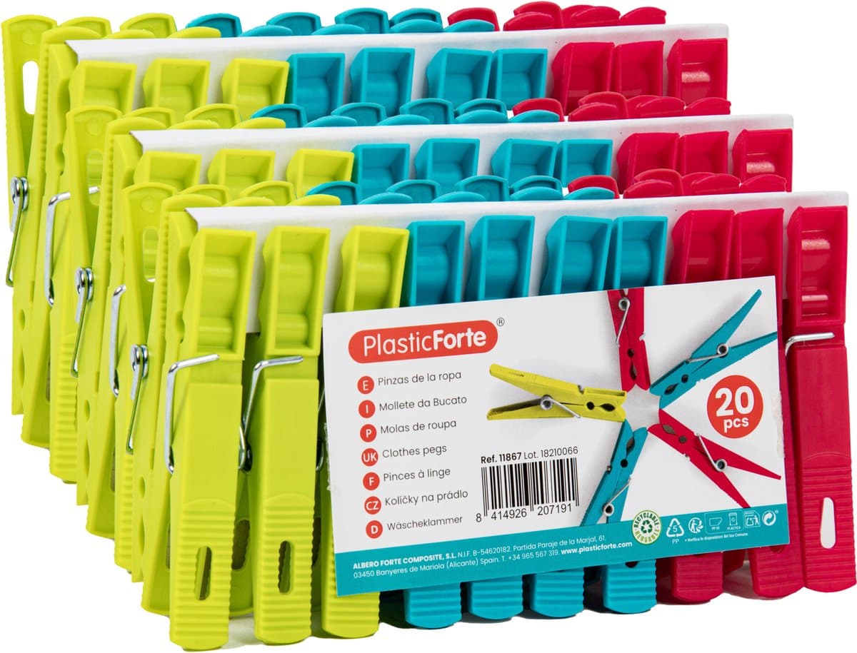 Plasticforte Wasknijpers - 60x stuks - felle kleuren mix - kunststof - 7 cm - Was ophangen — afbeelding 1