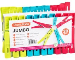 Plasticforte Wasknijpers XL formaat - 20x stuks - felle kleuren mix - kunststof - 10 cm - Was ophangen