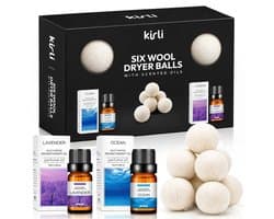 Kirli Drogerballen Wol - 6 Stuks incl. Geurolie Lavendel & Oceaan - Herbruikbare Wasdroger Ballen - Verkort Droogtijd - 100% Schapenwol - Wasverzachter Alternatief