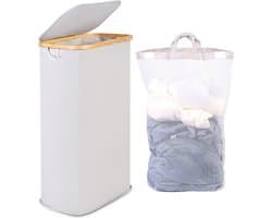 Smalle Wasmand 63L, Smalle Wasmand met Deksel, Lichtgrijze Linnenmand Opvouwbaar met Bamboe Handgrepen en Verwijderbare Zak voor Slaapkamer, Badkamer, Wasruimte