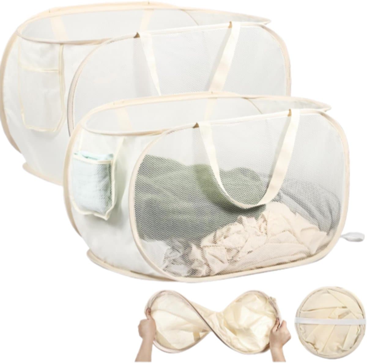 Set van 2 - Opvouwbare wasmand - Wasmand voor kleding - Wasmand voor vuile was - Gaasontwerp - Afmetingen: 34 x 34 x 60 cm - Met handvat - Geschikt voor badkamer, slaapkamer, studentenkamer, op reis en thuis - Beige — afbeelding 1