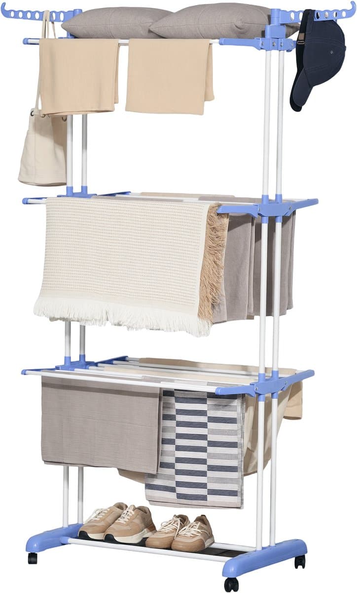 Droogrek op wielen inklapbaar zijvleugels binnen en buiten 73 x 64 x 177 cm blauw zilver — afbeelding 1