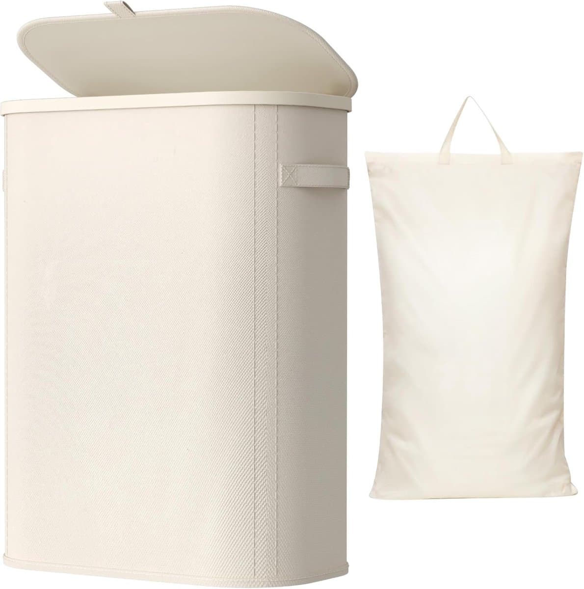 Smalle Wasmand 55L met Deksel – Opvouwbare Wassorteerder met Kunststof Frame – Grote Wasverzamelaar voor Slaapkamer & Badkamer – Wit — afbeelding 1