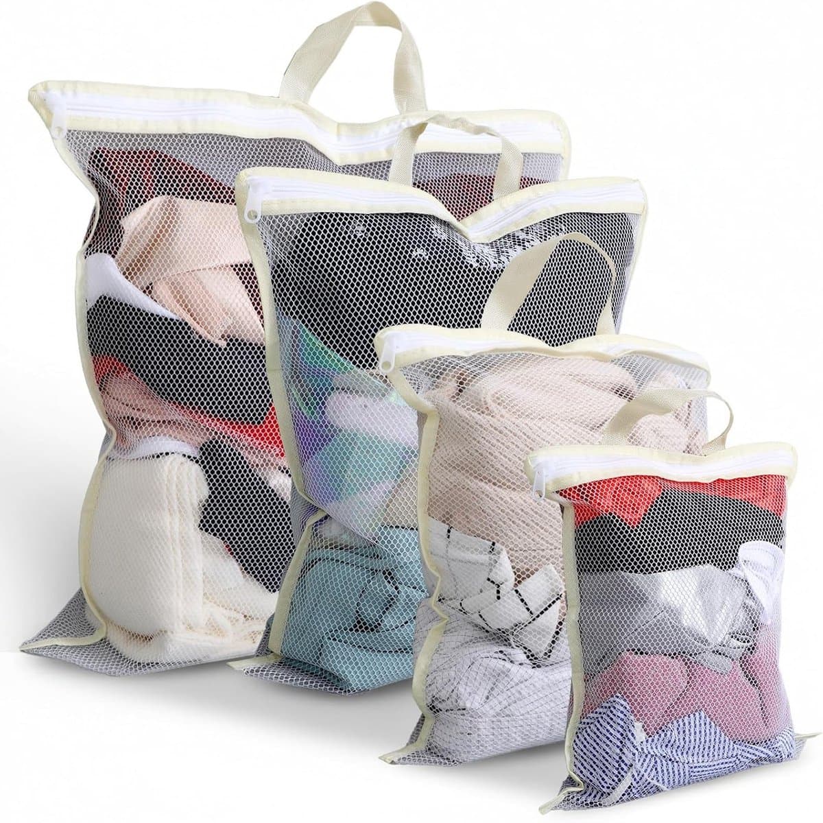 4 Stuks Mesh Waszakken voor Wasmachine - Hangende Wasmand voor Delicate Kleding met Handvatten (S/M/L/XL) - Ritsopening voor Jassen, Truien, Lingerie, Sokken en Lakens — afbeelding 1
