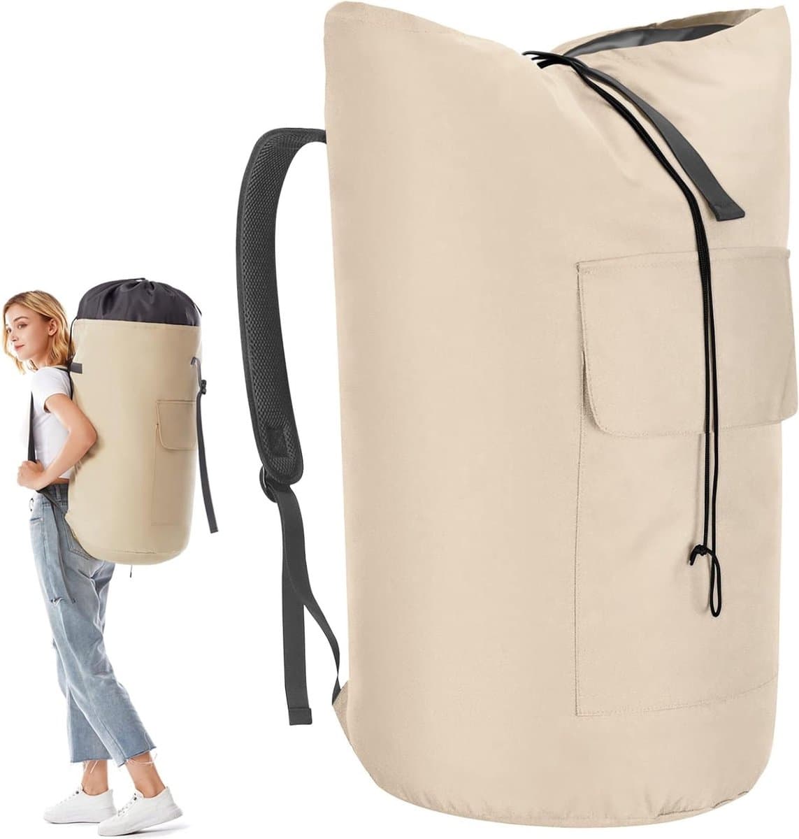 Grote Vuilwaszak XXL 115L voor Reizen met 2 Verstelbare Schouderbanden, Opvouwbare Opbergzak voor Kleding en Duffle Backpack (Beige) — afbeelding 1