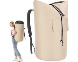 Grote Vuilwaszak XXL 115L voor Reizen met 2 Verstelbare Schouderbanden, Opvouwbare Opbergzak voor Kleding en Duffle Backpack (Beige)