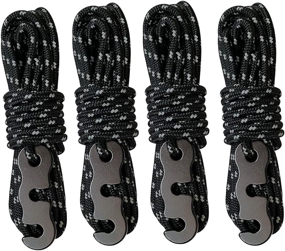 Tentscheerlijnen met spanners en touwverstellers — 4 mm x 4 m reflecterend koord — Geschikt voor kamperen, wandelen, luifels en buitenactiviteiten (Zwart) — afbeelding 1