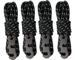 Tentscheerlijnen met spanners en touwverstellers — 4 mm x 4 m reflecterend koord — Geschikt voor kamperen, wandelen, luifels en buitenactiviteiten (Zwart)