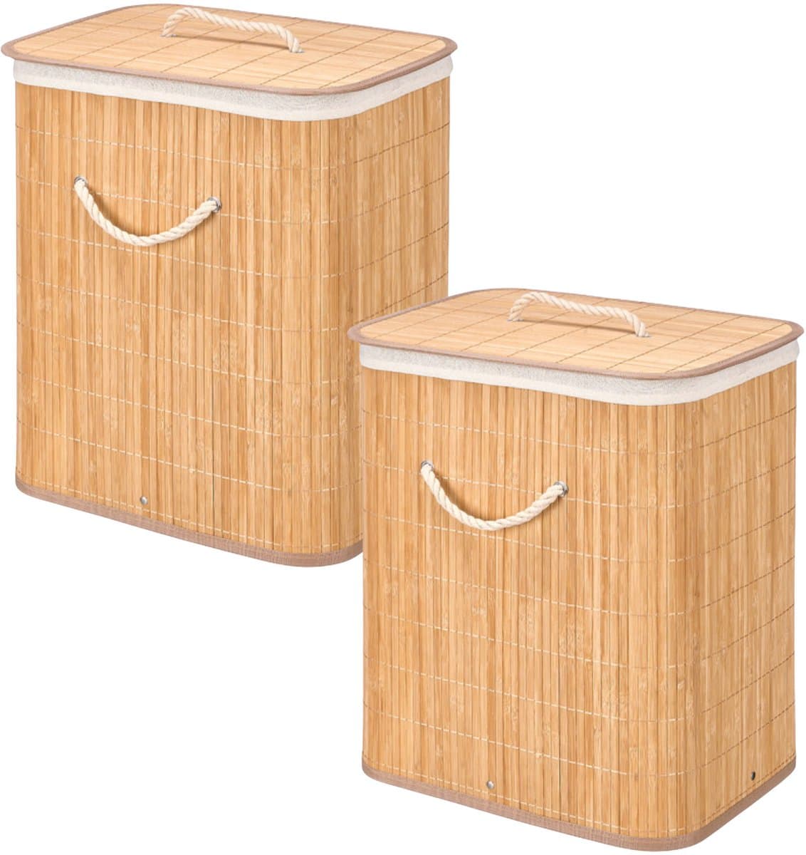 Kipit Wasmand van bamboe - 2x - wit / bruin - 60 liter - 40 x 30 x 50 cm - met deksel - met binnendoek — afbeelding 1
