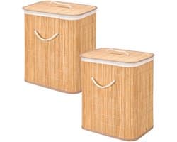 Kipit Wasmand van bamboe - 2x - wit / bruin - 60 liter - 40 x 30 x 50 cm - met deksel - met binnendoek — afbeelding 1