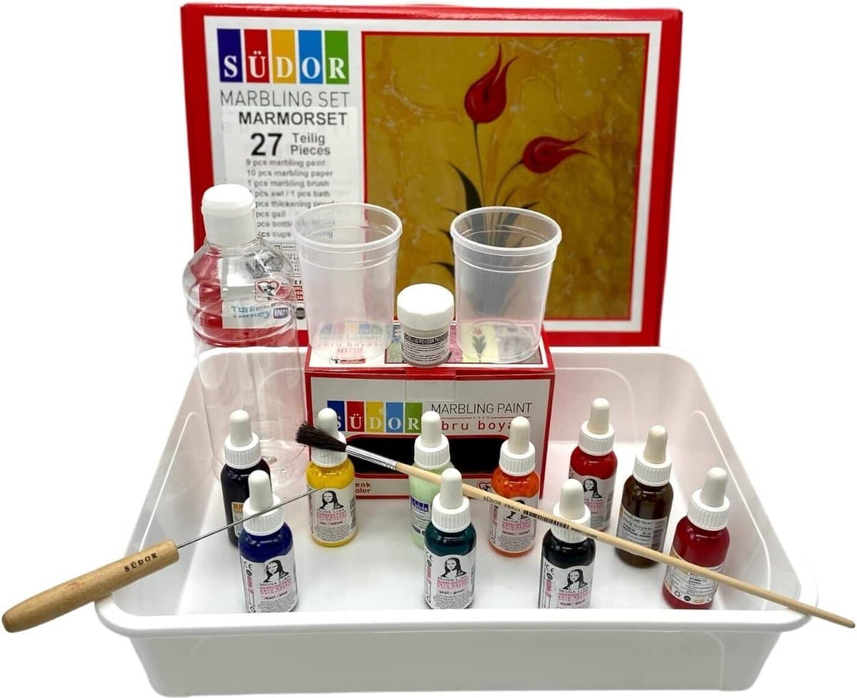 SÜDOR EBRU PAINTING 27-delige marmerkit voor beginners en professionals. Marmer set. 9 kleuren — afbeelding 1