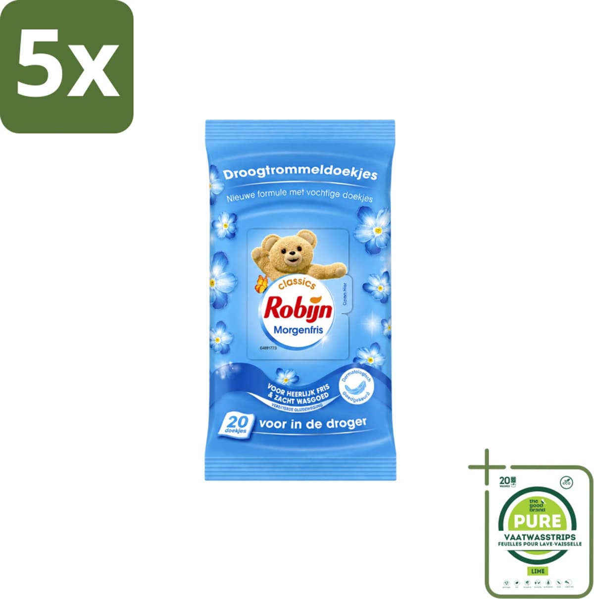 5 x Robijn – Droogtrommeldoekjes – Morgenfris - 20 Doekjes - Grootverpakking - Vaatwasstrips - Droogtrommeldoekjes - Wasgoed Drogen - Frisse Geur - Wasgoed Verzorgen - Kleuren Beschermen — afbeelding 1