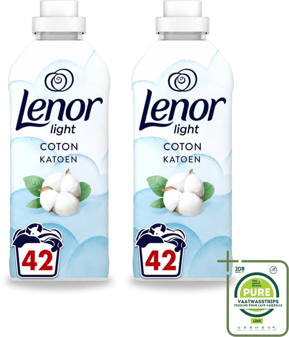 2 x Lenor Light - Wasverzachter - Katoen - Fris & Zacht - 42 Wasbeurten - Grootverpakking - Vaatwasstrips - Wasverzachter Katoen - Wasverzachter Fris - Wasverzachter Katoen Bloesem - Wasverzachter Milde Geur - Wasverzachter 0% Kleurstoffen — afbeelding 1