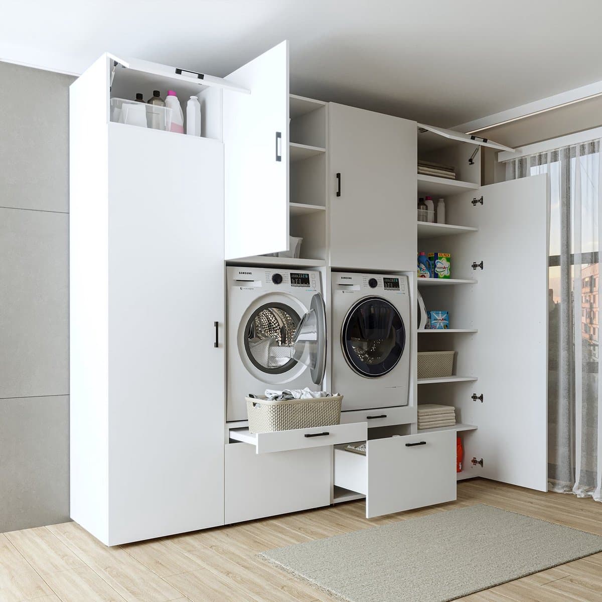 Roomart SERIE 2 Wasmachine Ombouwkast 254x240 cm - Kastenwand met 2 Hoge Kasten - Wit — afbeelding 1