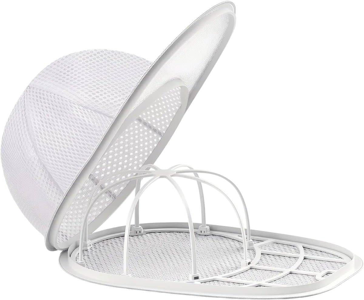 Wasmand voor petten, opvouwbare pettenwasmand voor de wasmachine en vaatwasser, opberghouder en beschermende vormhouder voor petten voor volwassenen en kinderen, wit — afbeelding 1