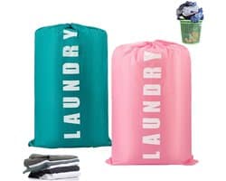 2 stuks - Waszak - Reiswaszak - Opvouwbare reiswaszak - Draagbare kleine waszak - Met trekkoordsluiting - Reistas voor vuile was - Grote waszak - 61 cm x 92 cm - Groen + Roze - Geschikt voor vuile was - Ideaal voor kamperen en reizen — afbeelding 1