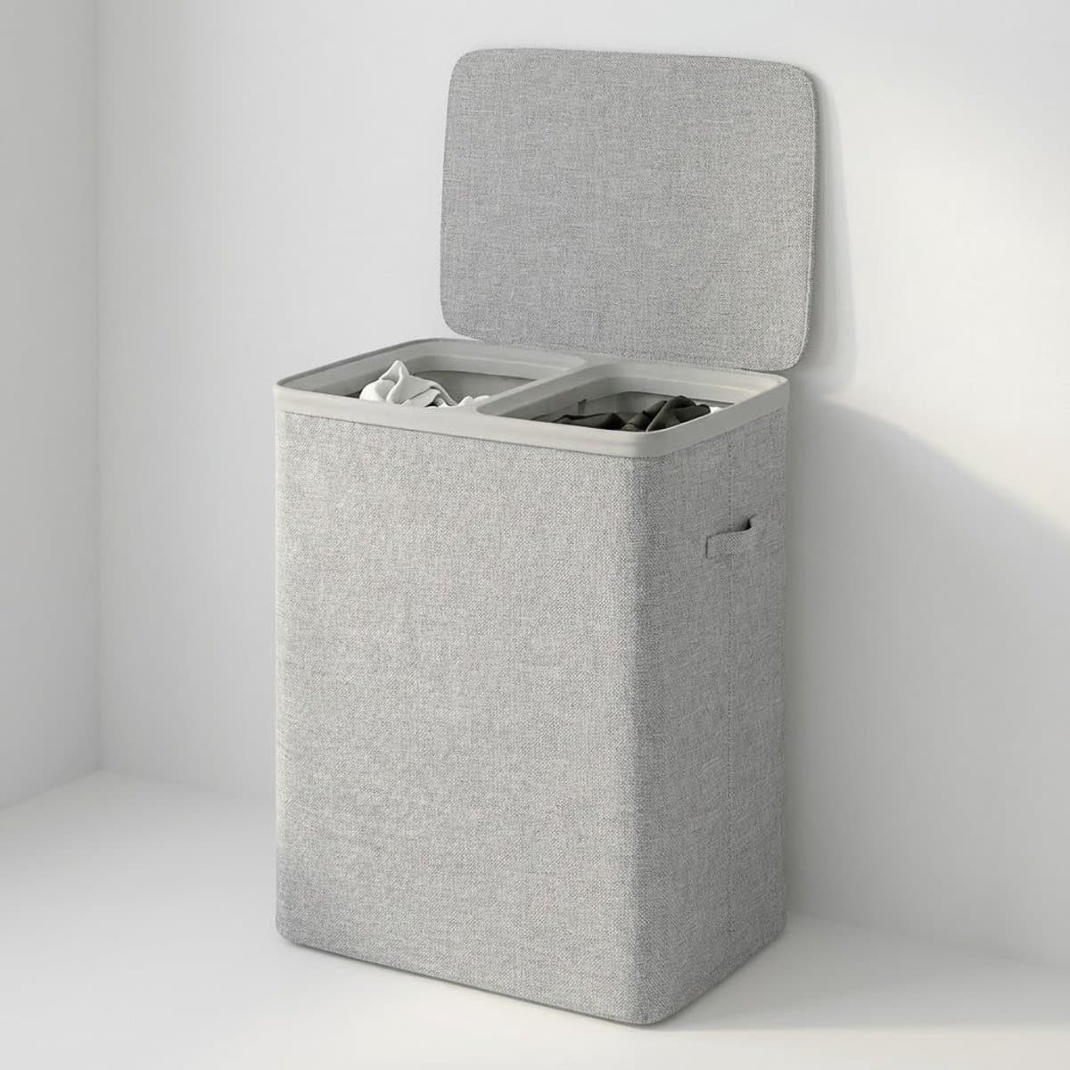 MAZAZU Wasmand met 2 Vakken - 100 Liter - Wassorteerder met Deksel - Uitneembare Waszakken - Lichtgrijs - Opvouwbare Wasbox voor Badkamer & Slaapkamer - 56×40×67 cm — afbeelding 1