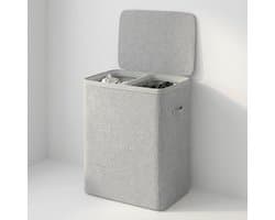 MAZAZU Wasmand met 2 Vakken - 100 Liter - Wassorteerder met Deksel - Uitneembare Waszakken - Lichtgrijs - Opvouwbare Wasbox voor Badkamer & Slaapkamer - 56×40×67 cm