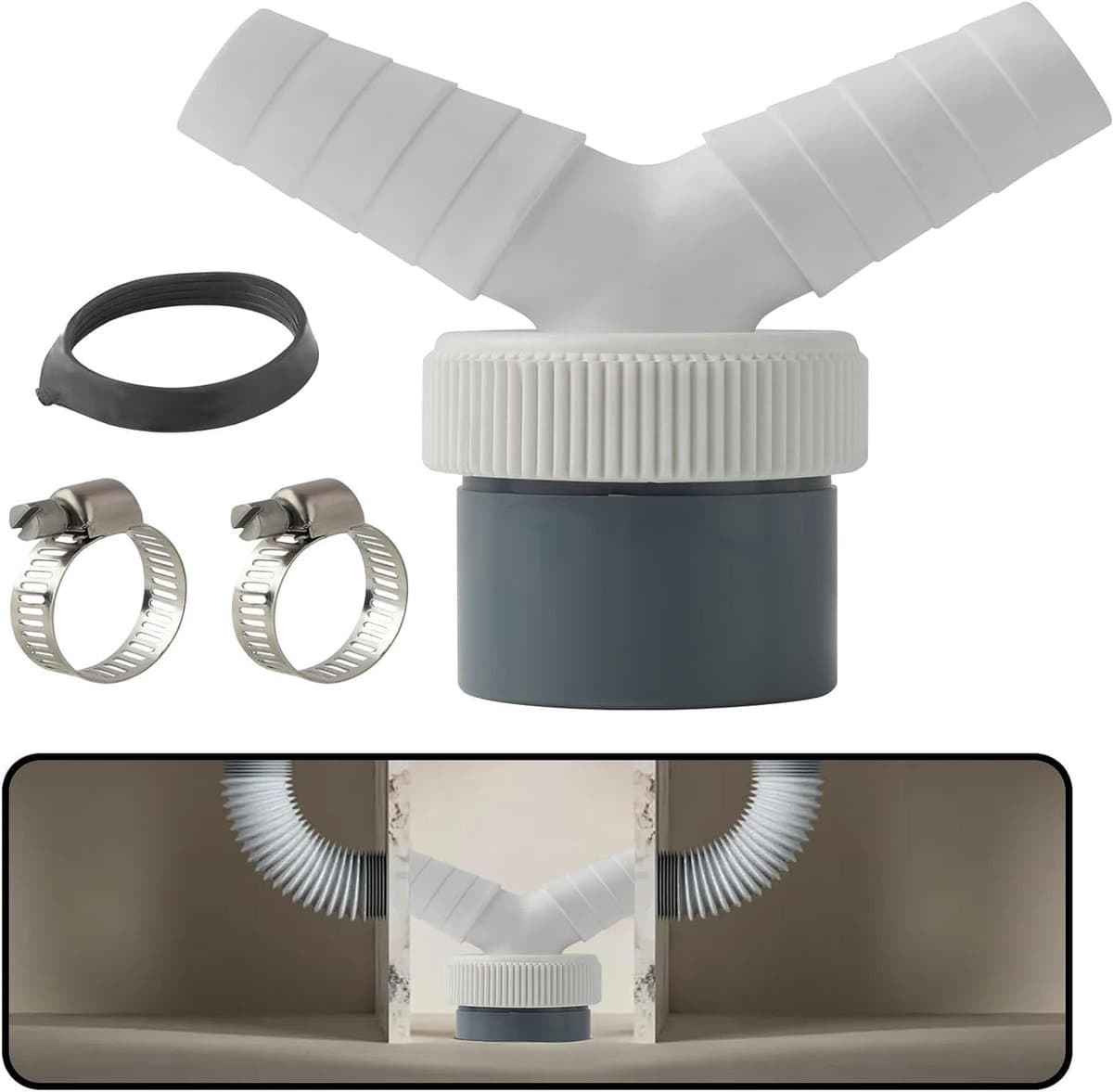 Allecta - Dubbele Y-adapter voor afvoer vaatwasser en wasmachine, Ø 40 mm uitgang, Ø 18,24 mm ingang, inclusief slangklemmen - Duurzaam en robuust - Keukenapparatuur accessoire. — afbeelding 1