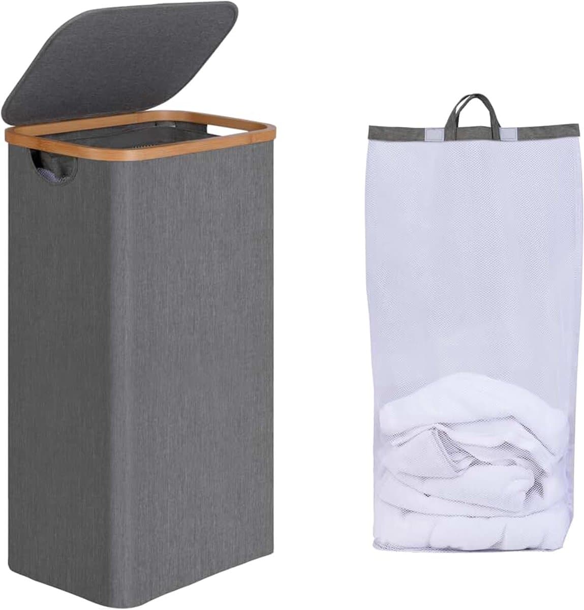efluky Wasmand met deksel, 75 liter, smalle wasmand met wasbare binnenzak, grijze wasmand met bamboehandgrepen, opvouwbare wasmanden voor bijkeuken, slaapkamer, badkamer — afbeelding 1