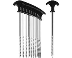 SnelShoppen - 12x Stalen Tentpinnen - Robuuste Grondpinnen met Draad voor Camping, Tuin, Feest, Ideaal voor Normale en Harde Bodem met T-Handvat