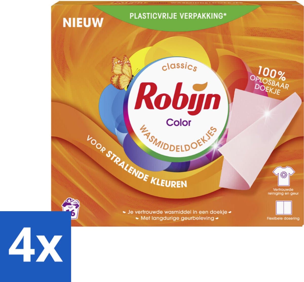4 x Robijn Classics - Color - Wasmiddeldoekjes - 16 Wasstrips - Wasmiddel - Wasstrips - Kleurwas - Wasverzorging - Wasmiddelen — afbeelding 1