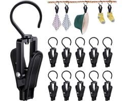 Set van 20 zwarte kunststof wasknijpers met haak, 360 graden draaibare anti-slip klemmen voor droogrek, handdoeken, hoeden en kleding