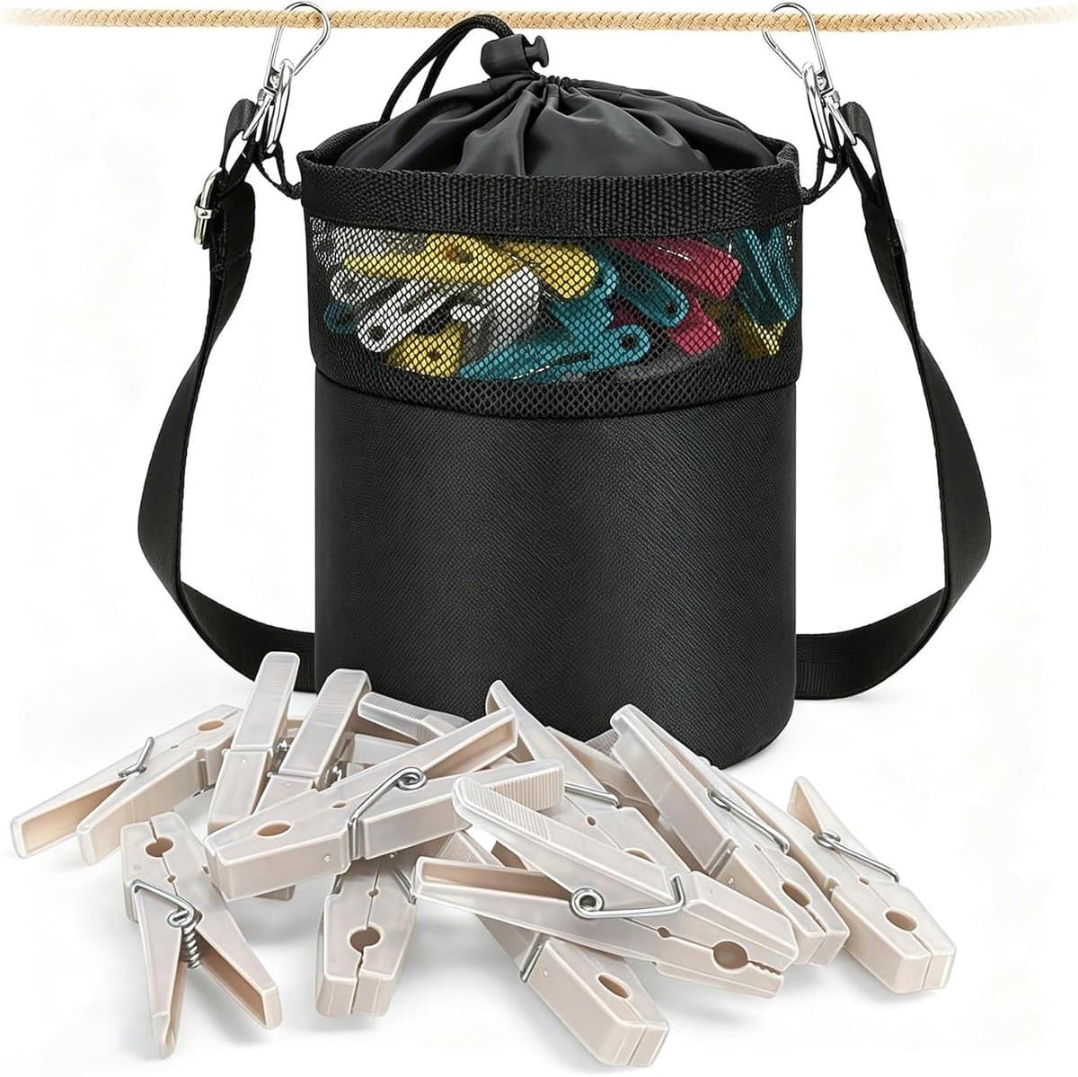 Wasmand met riem - Knijperzak - Wasknijpers meenemen - Verstelbare schouderbanden - 22 cm x 15 cm - Zwart — afbeelding 1