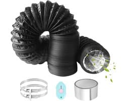 Flexibele PVC Afvoerslang 6m met 80mm Diameter, Aluminium Buizen, RVS Slangklemmen en Aluminium Folie voor Airco's en Wasdrogers