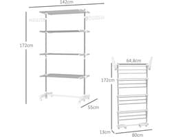 Pugsdrly Mobiele droogrek met wieltjes, 4 niveaus, opvouwbaar, roestvrij staal, wit+zilver, 142 x 55 x 172 cm — afbeelding 1