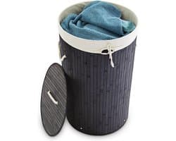 wasmand bamboe - 70 l - opvouwbaar - met deksel en katoenen waszak - Ø 41 cm - zwart