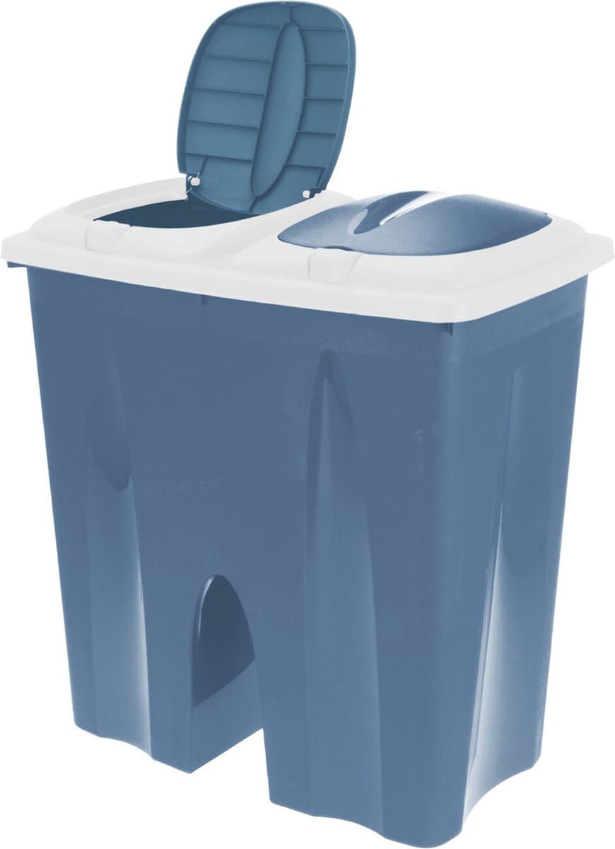 Dubbele wasmand blauw met 2 deksels 50 x 30 x 55 cm - Huishouding/huishouden - Schoonmaakartikelen - Was sorteren/verzamen - Wasgoedmanden/wasmanden - Dubbele wasmanden — afbeelding 1
