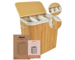 Bellettini® Bamboe Wasmand met Deksel - 3 Compartimenten Wassorteerder - 155 Liter - Naturel