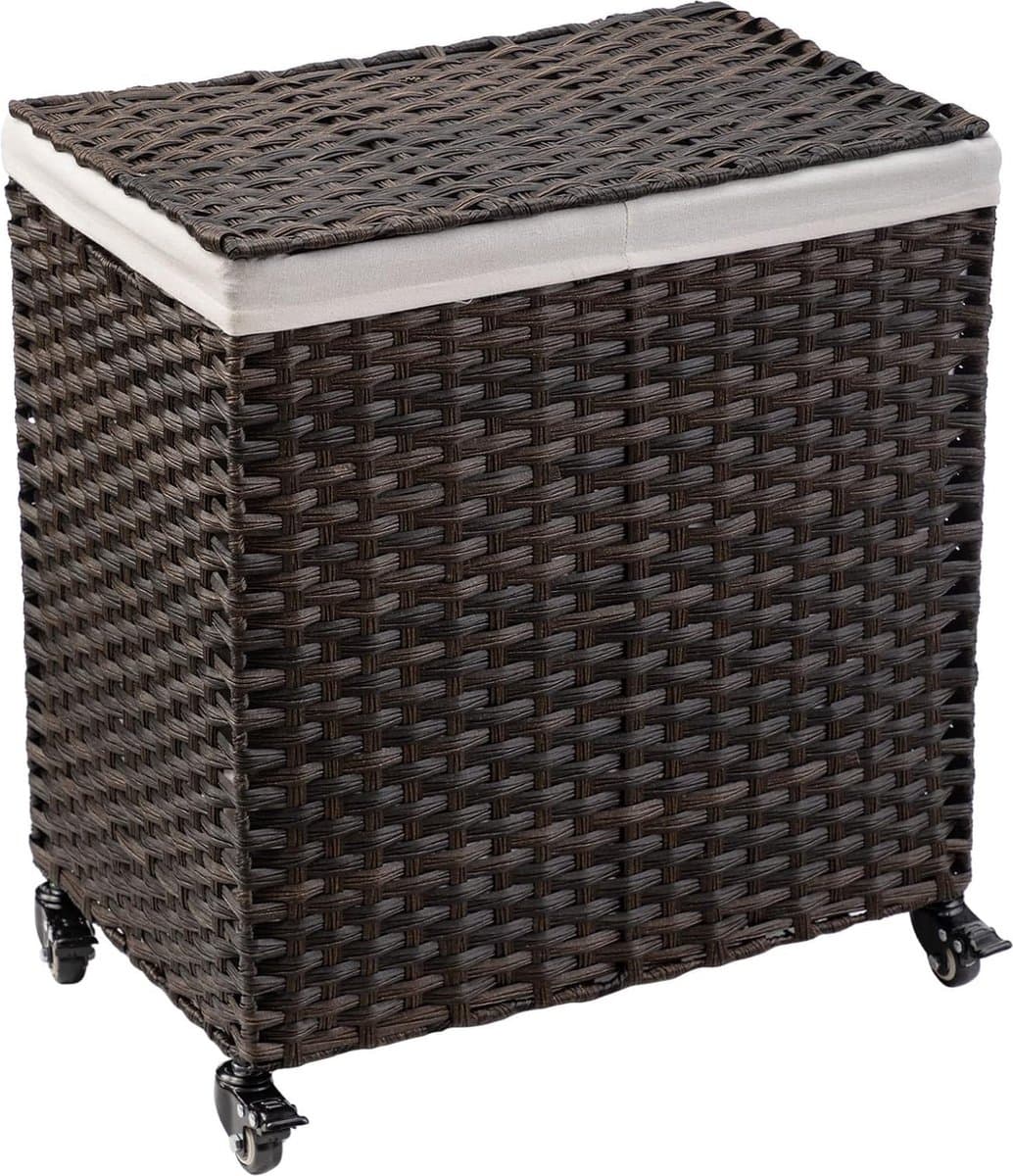 Wasmand van Rotan met Deksel - Grote Capaciteit van 100L, Verwijderbare Voeringzakken, Opvouwbaar, Met Wielen, Stevig Stalen Frame, Waterdicht & Ademend, Ideaal voor Badkamer, Slaapkamer of Wasruimte 60cm x 33cm x 58cm — afbeelding 1