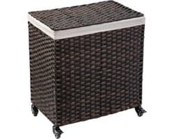 Wasmand van Rotan met Deksel - Grote Capaciteit van 100L, Verwijderbare Voeringzakken, Opvouwbaar, Met Wielen, Stevig Stalen Frame, Waterdicht & Ademend, Ideaal voor Badkamer, Slaapkamer of Wasruimte 60cm x 33cm x 58cm
