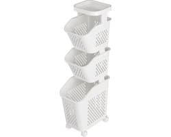iBright Wassorteerder – Smalle Wasmand met 3 vakken - Op wieltjes - Staande wasbox - 3 Lagen - Wit