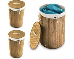 3x wasmand bamboe - wasbox met deksel - 70 liter - rond - 65 x 41 cm - natuur