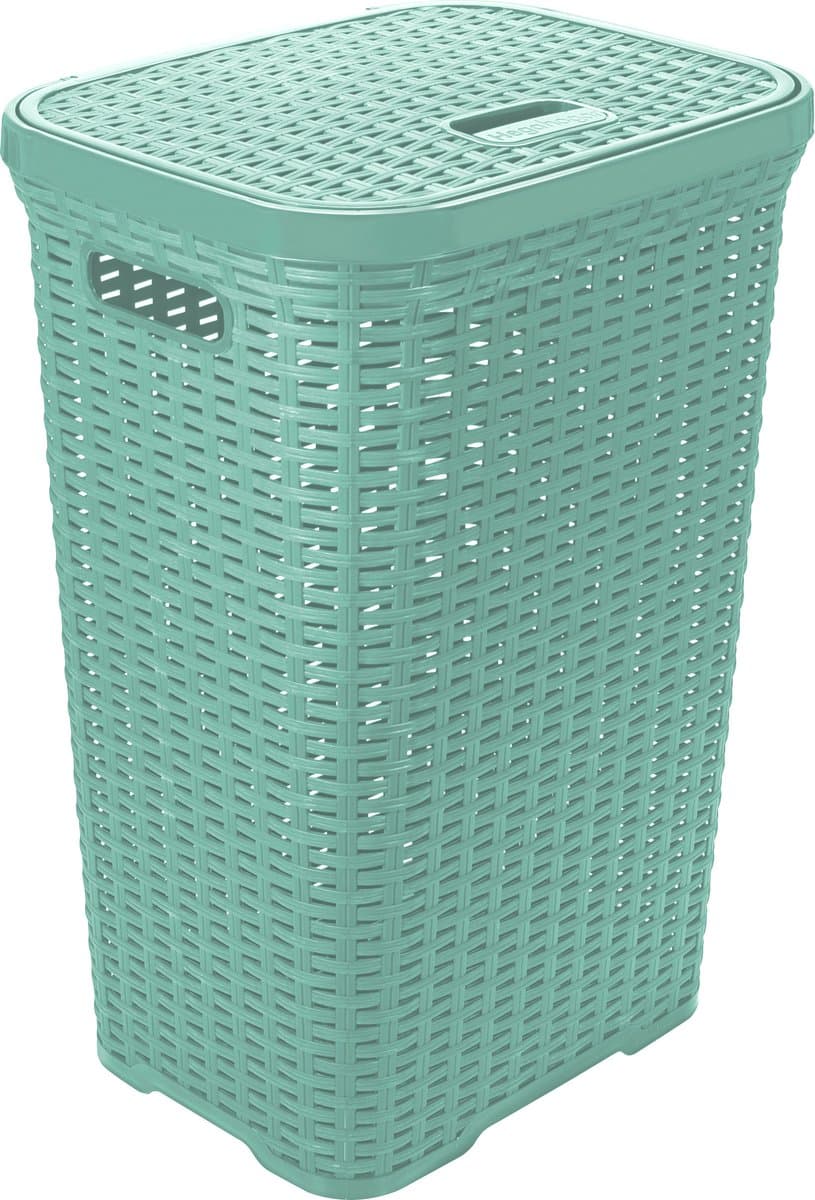 Hega Hogar Wasmand met deksel Rotan - mintgroen - gevlochten kunststof - 60 liter - 34 x 43 x 62 cm — afbeelding 1