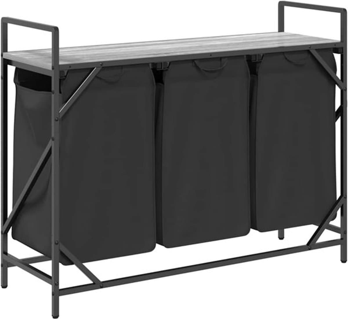Wasmand – Wasbasket – Laundry Basket – Waston – Wasbak – Met 3 Vakjes – Bovenplank – Staal & Hout – Uitneembare Waszakken — afbeelding 1