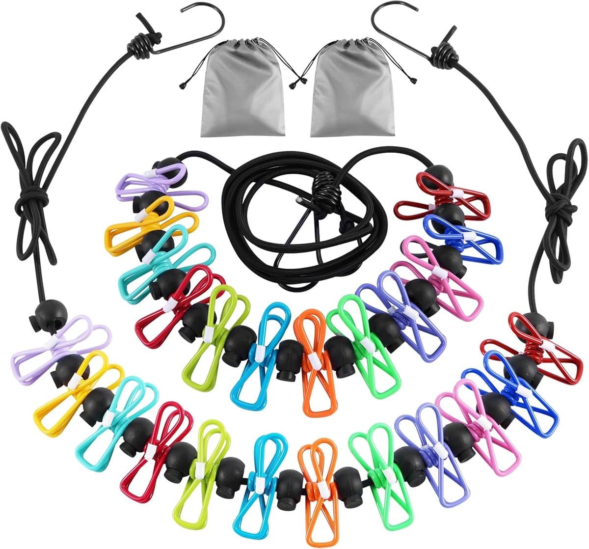 2-pack waslijn - draagbare waslijn - campingwaslijn - inclusief 12 wasknijpers - kampeeraccessoires Reiswaslijn - intrekbare elastische waslijn - voor buiten binnenshuis - voor campers, hotelkamers - zwart - 1.8m — afbeelding 1