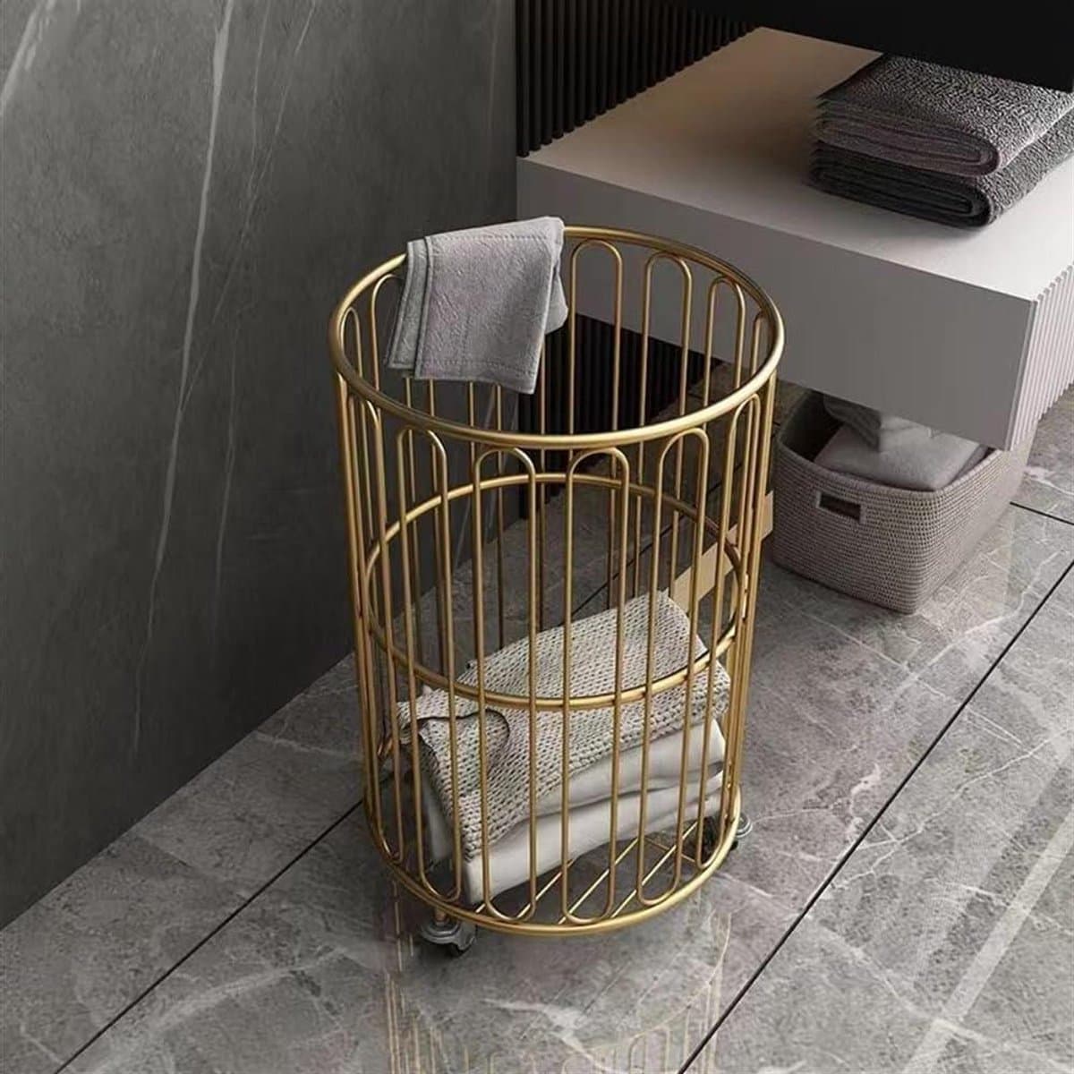 Wasmand met wielen - Rollende mand - Vuile kleding sorteren - Duurzame metalen constructie - Rond formaat - Goud — afbeelding 1