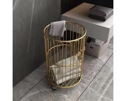 Wasmand met wielen - Rollende mand - Vuile kleding sorteren - Duurzame metalen constructie - Rond formaat - Goud