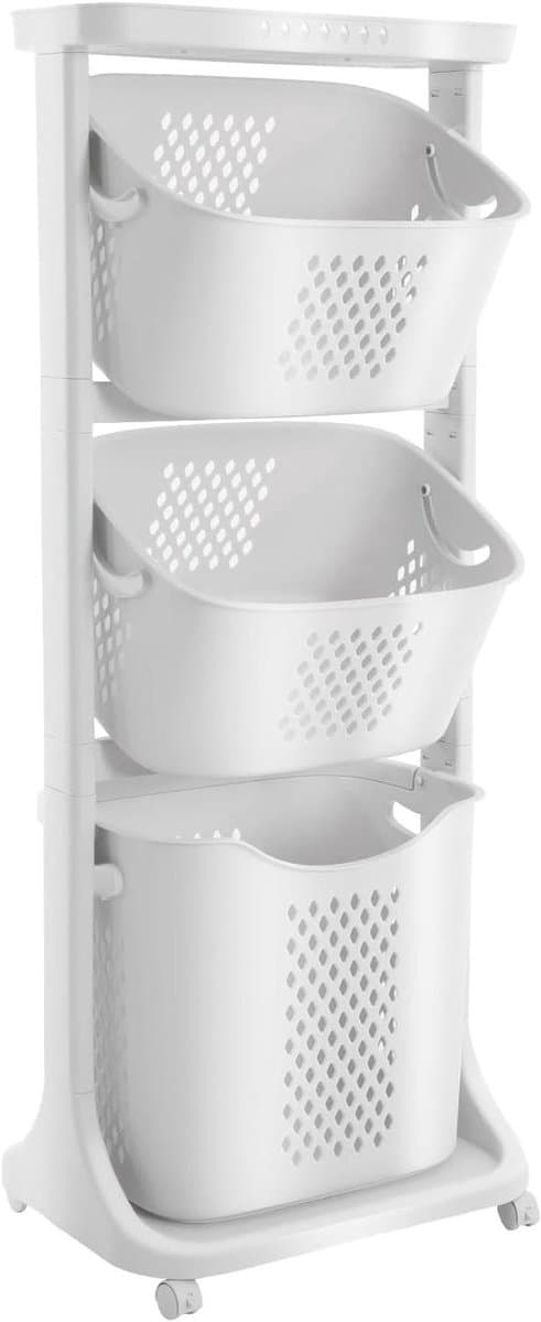 Wasmand Trolley - Kleding Organizer - Kleding Sorteren - Drie Compartimenten - 43 x 18 x 109 cm - Wit — afbeelding 1